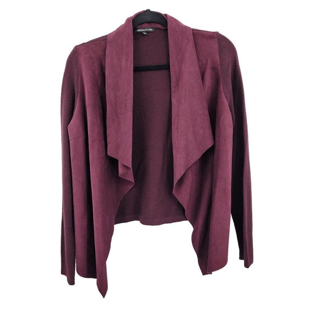 Cardigan M Purple Waterfall Open Front‎ Waffle Knit Faux Vegan Suede Front Boho